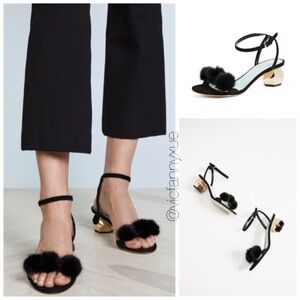 Frances Valentine Beatrix Fur Pom city sandals heels 6.5